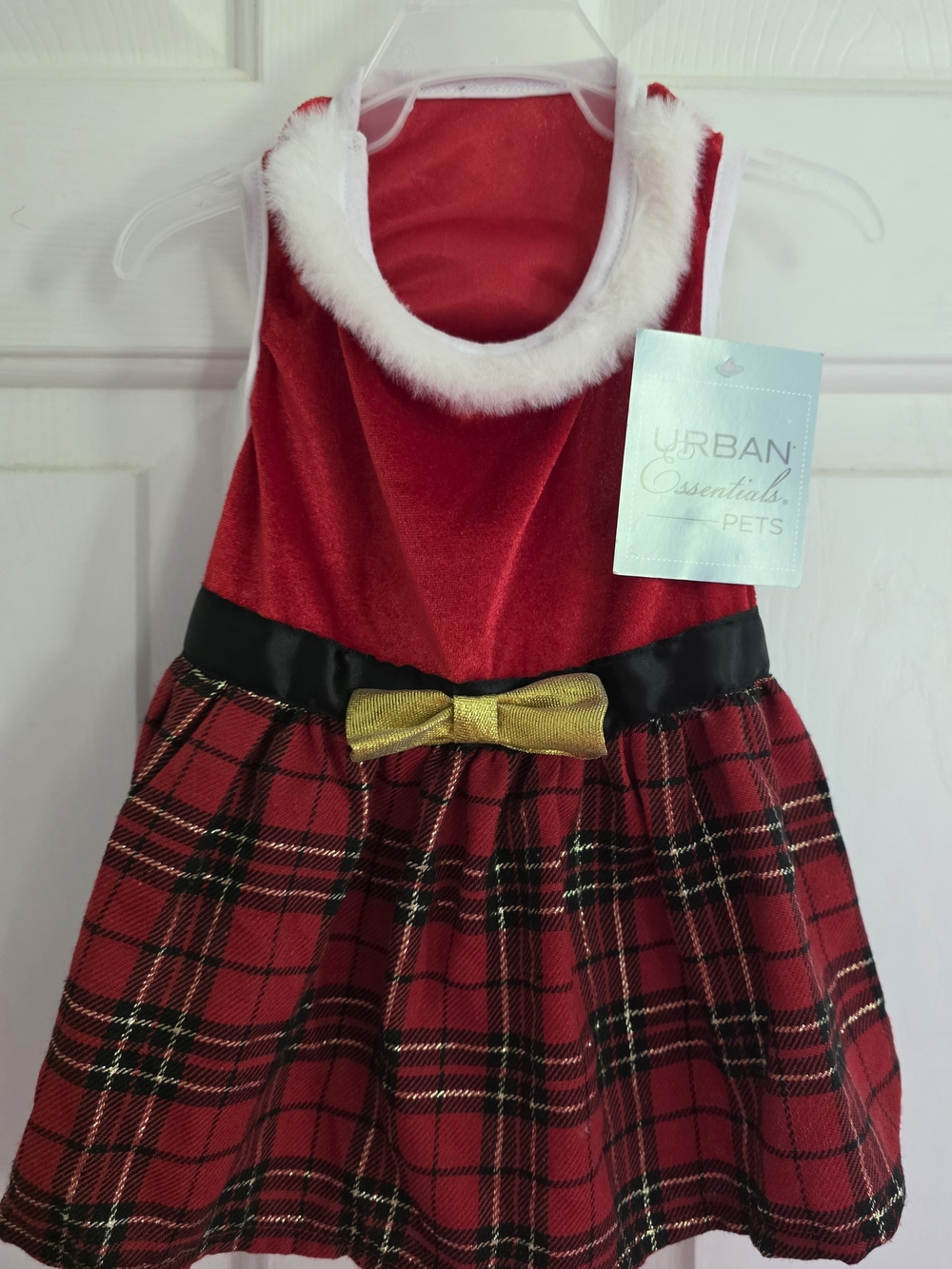 NWT Urban Essentials Pets Red Plaid Holiday Dog Dress with Gold Bow